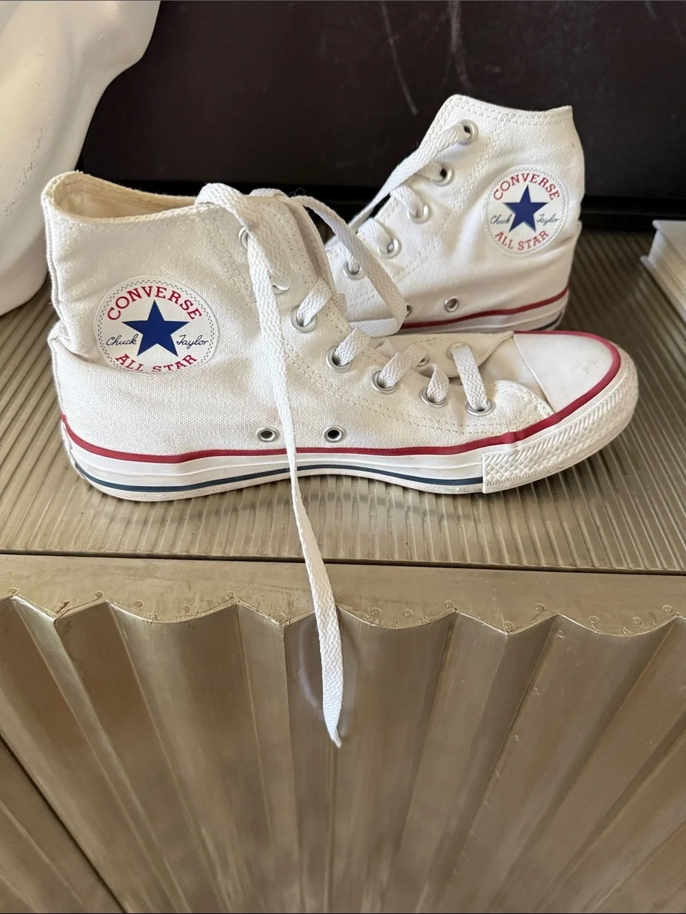 Converse White High-Top Sneakers with Red Stripe